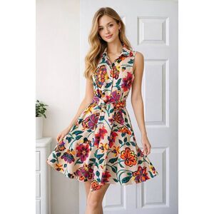 Sara roka Sleeveless Floral Print Belted Dress 38
